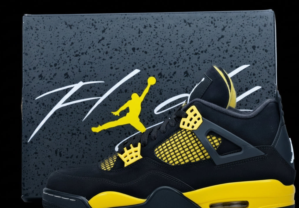 NIKE AIR JORDAN 4 RETRO THUNDER BLACK YELLOW WHITE RED MENS